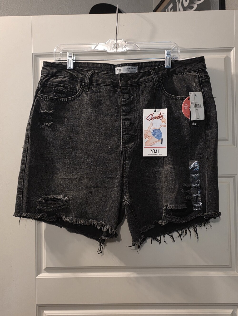 YMI Black Distressed High-Rise Button-Fly Hybrid Denim Jean Shorts
